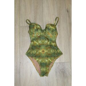 VTG Agua Doce Lime Green Cheetah Print Underwire One Piece Swimsuit Brazil Small